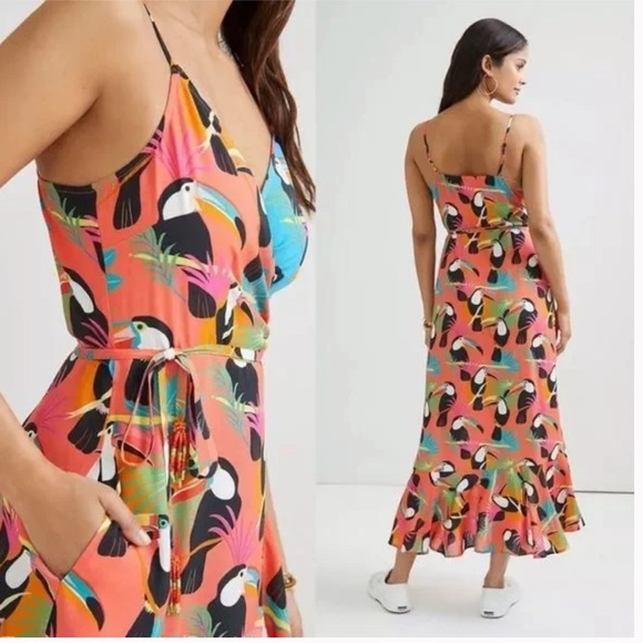 FARM RIO | x Anthropologie Toucans Print Wrap Maxi Dress Medium - Picture 12 of 17